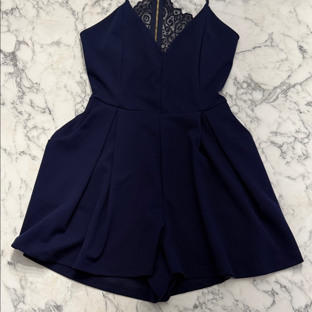 Dainty Hooligan Midnight Blue Lace Accent Romper